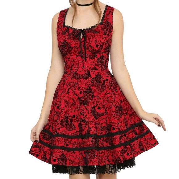 Hot topic Red & Black Flocked Filigree Skull Dress - Picture 14 of 14